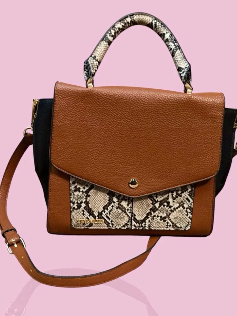Steve Madden Brown Faux-Snakeskin Accent Satchel